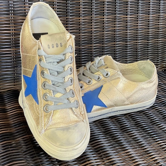GGDB GOLDEN GOOSE V STAR2 GOLD BLUE METALLIC LEATHER STAR CANVAS LOW TOP SNEAKER - Picture 1 of 10
